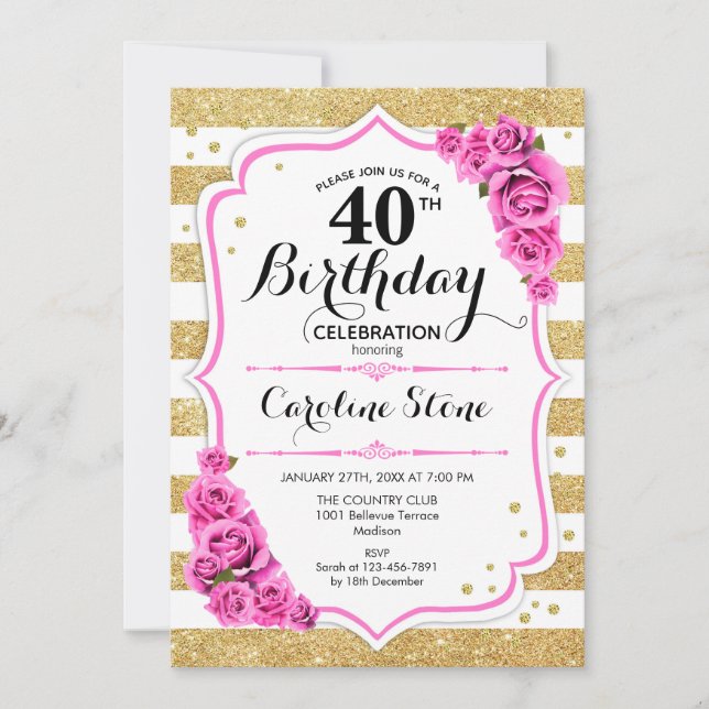 40th Birthday -  Gold White Stripes Pink Roses Invitation (Front)