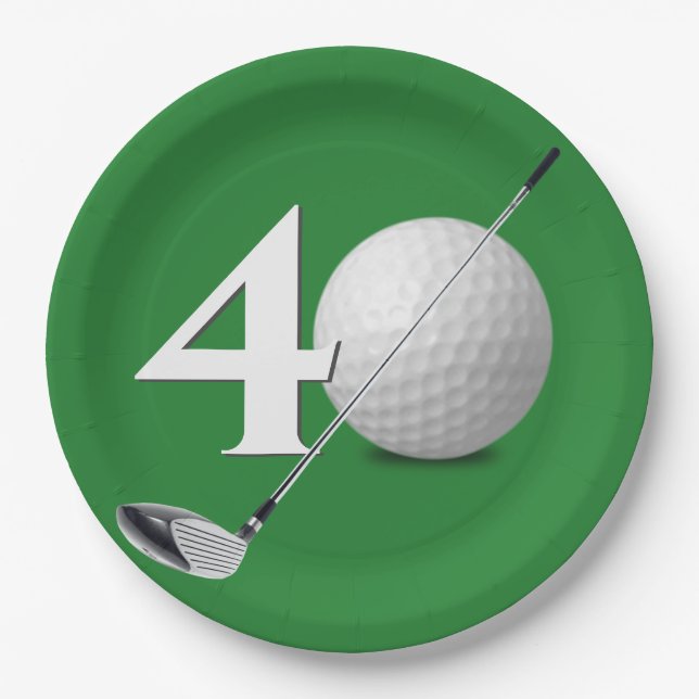 40th Birthday Golf Ball and Club On Green Paper Plate (Front)