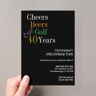 40th Birthday Golf Cheers Beers Black Gold Party Acrylic Invitations