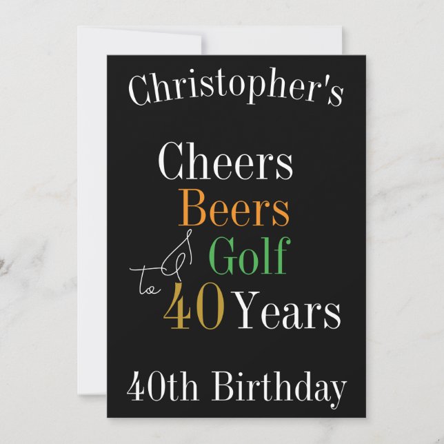40th Birthday Golf Cheers Beers Black Gold Party Invitation (Front)