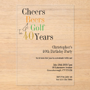 40th Birthday Golf Cheers Beers Minimal Party Acrylic Invitations