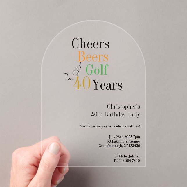 40th Birthday Golf Cheers Beers Party Acrylic Invitations (Insitu (Handheld))