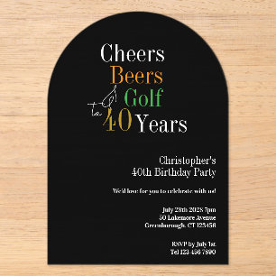 40th Birthday Golf Cheers Beers Party Black Gold Acrylic Invitations