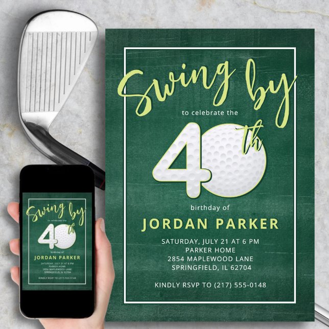40th Birthday Golf Theme Swing By Stylish Green Invitation (A bold “40” with textured golf detail that stands out.)
