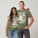 40th birthday good lordy look 40 custom photo name T-Shirt<br><div class="desc">40th birthday white out, look who is 40 custom photo and name t-shirt. Fun 40th personalised photo white birthday tee design. Personalise this birthday shirt with a photograph of the birthday boy or girl in the middle of the number 0. Great idea for adding some fun to a milestone fortieth...</div>