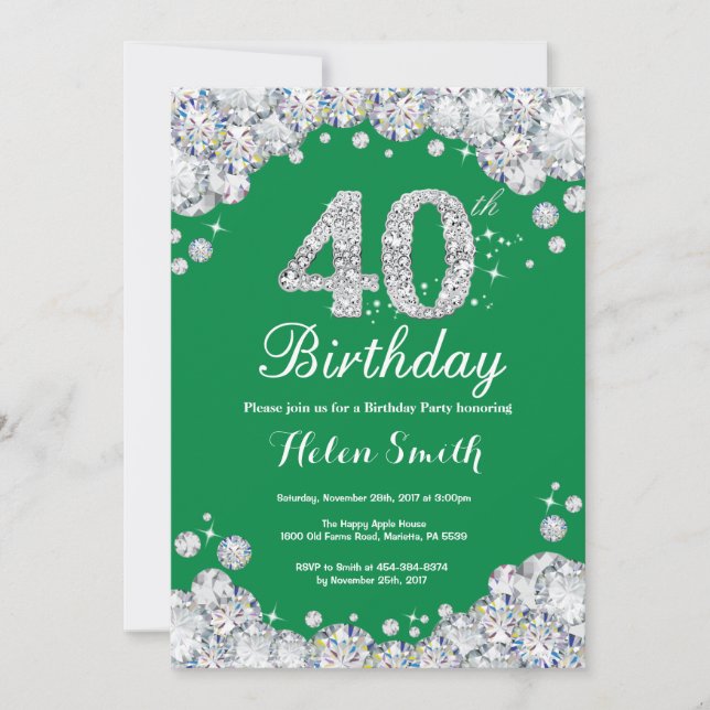 40th Birthday Green and Silver Diamond Invitation (Front)