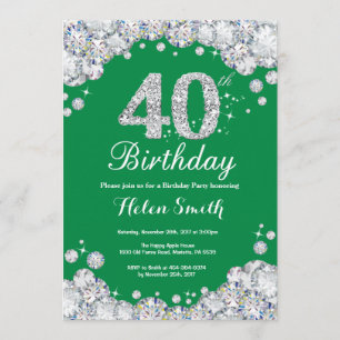 40th Birthday Green and Silver Diamond Invitation