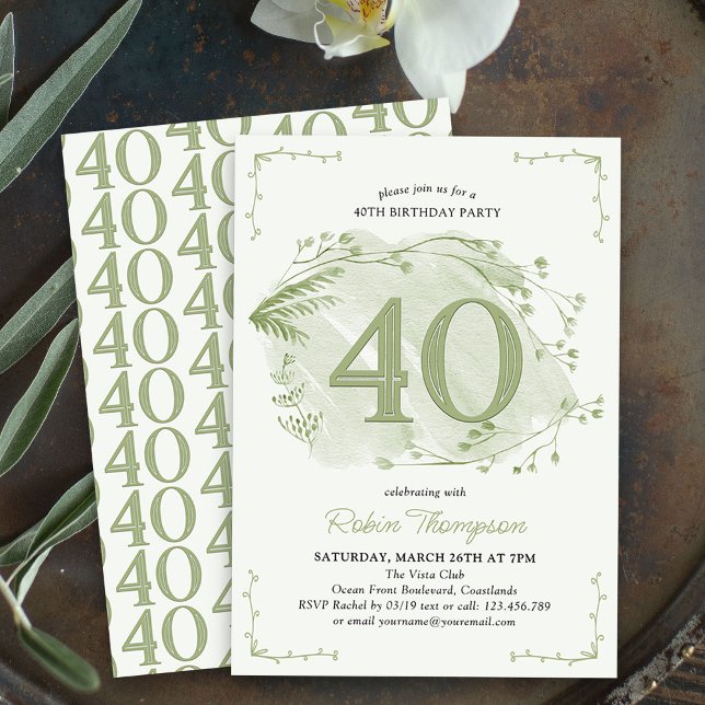 40th Birthday Green Dainty Wildflower Number 40 Invitation (40th Birthday Invitation - buy professionally printed or as digital download for printing or sharing)
