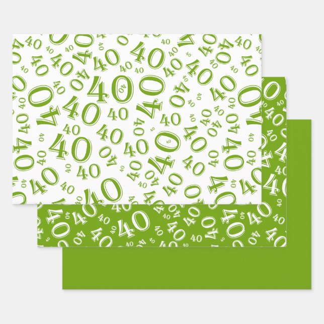 40th Birthday Green & White Number Pattern 40 Wrapping Paper Sheet (Set)