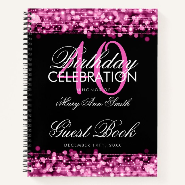 40th Birthday Guestbook Party Sparkles Pink Notebook (Front)