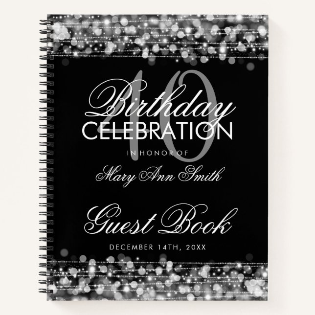 40th Birthday Guestbook Party Sparkles Silver Notebook (Front)