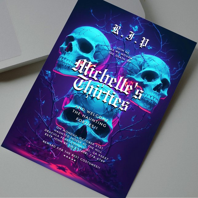 40th Birthday Halloween Party Neon Skull Modern Invitation (40th Halloween Birthday Party Neon Skull Modern Invitation
)