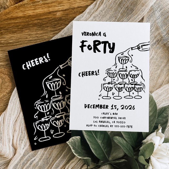 40th Birthday Hand Drawn Champagne Invitation (Creator Uploaded)