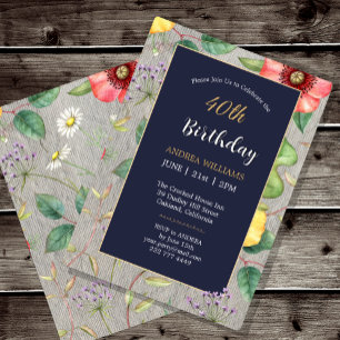 40th Birthday Handmade Vintage Drawing Wildflowers Invitation