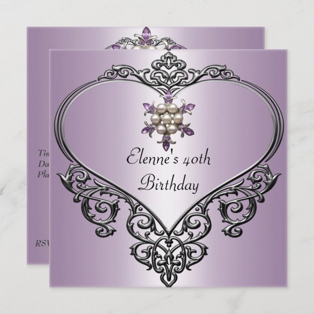 40th Birthday Heart Soft Mauve Purple Pearl jewel Invitation (Front/Back)
