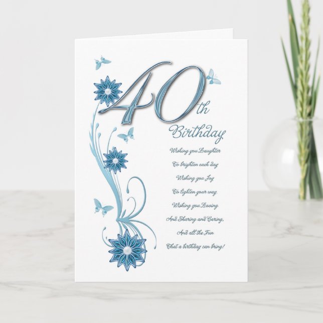 40th birthday in teal with flowers and butterfly card (Front)