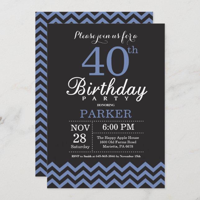 40th Birthday Invitation Black and Blue (Front/Back)