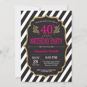 40th Birthday Invitation. Black and Gold Glitter Invitation