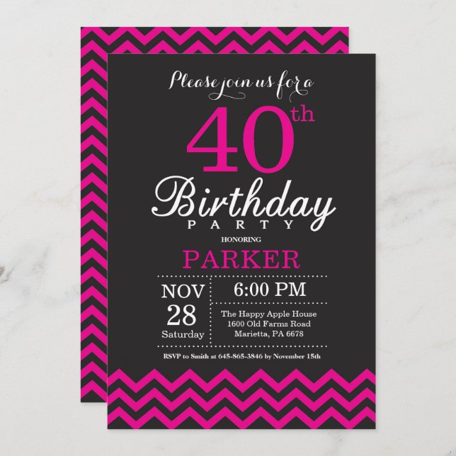 40th Birthday Invitation Black and Hot Pink (Front/Back)
