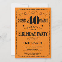 40th Birthday Invitation Black and Orange