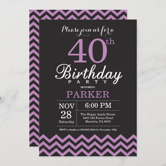 40th Birthday Invitation Black and Purple (Front/Back)