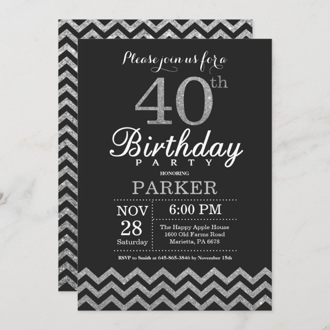 40th Birthday Invitation Black and Silver Glitter (Front/Back)