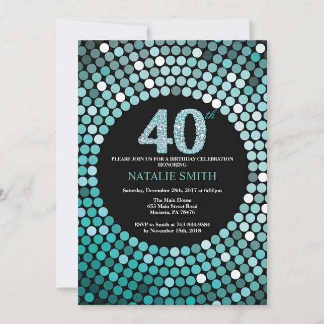 40th Birthday Invitation Black and Teal Glitter (Front)