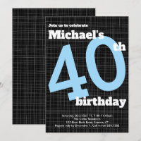 40th Birthday Invitation Black with Blue Accent,