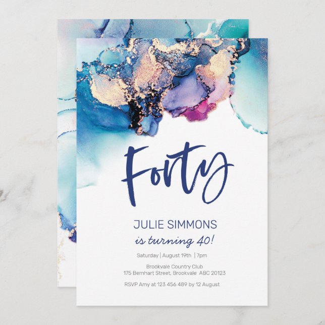 40th Birthday Invitation Blue Abstract Watercolor (Front/Back)
