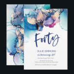 40th Birthday Invitation Blue Abstract Watercolor<br><div class="desc">Modern 40th Birthday invitation with navy blue,  aqua and pink abstract watercolors and a matching back page. 

© Mini Moi Prints</div>