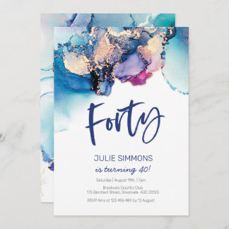 40th Birthday Invitation Blue Abstract Watercolor