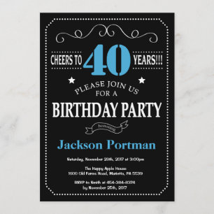 40th Birthday Invitation Blue and Black Chalkboard