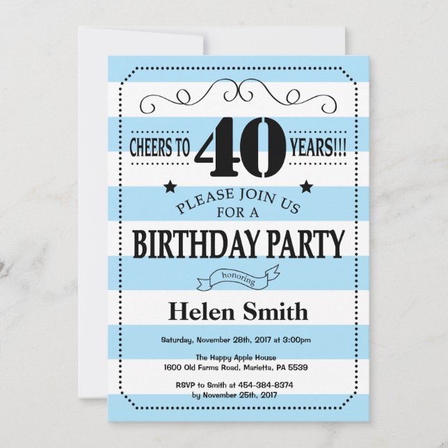 40th Birthday Invitation Blue and White Stripes (Front)