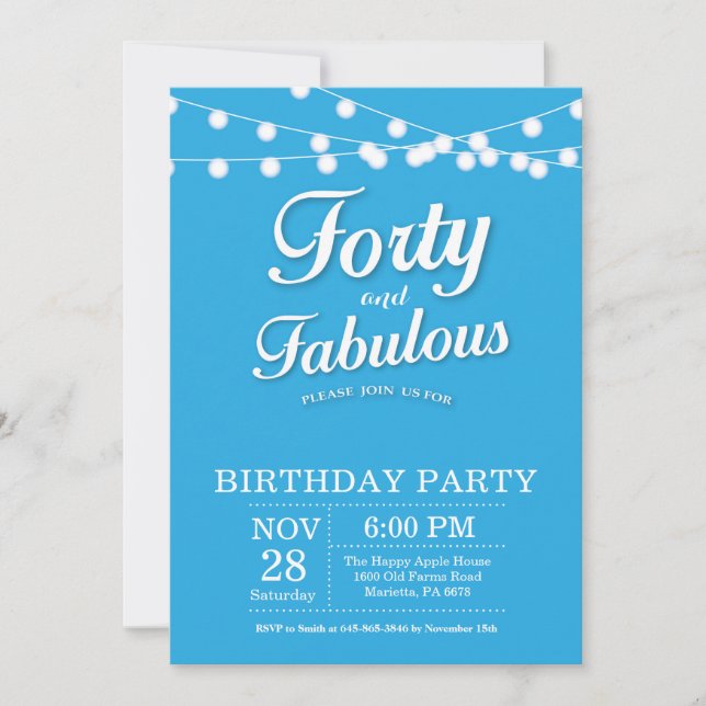 40th Birthday Invitation Blue Fabulous (Front)