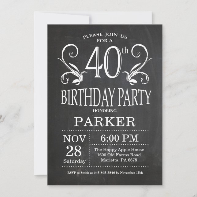 40th Birthday Invitation Chalkboard Floral (Front)