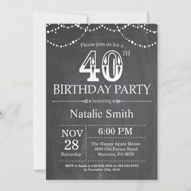 40th Birthday Invitation Chalkboard String Lights (Front)