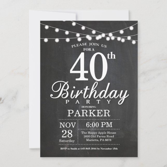 40th Birthday Invitation Chalkboard String Lights (Front)