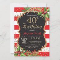 40th Birthday Invitation. Christmas Red Black Gold