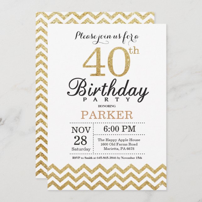 40th Birthday Invitation Gold Glitter (Front/Back)