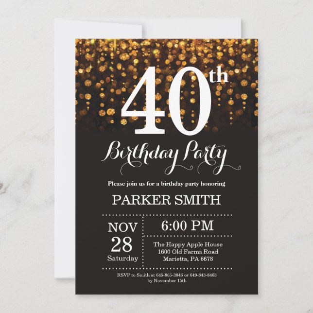 40th Birthday Invitation Gold Glitter (Front)