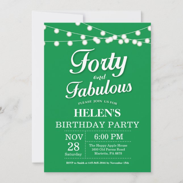 40th Birthday Invitation Green Fabulous (Front)