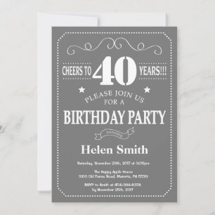 40th Birthday Invitation Grey and White