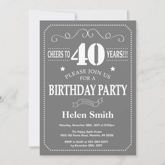 40th Birthday Invitation Grey and White (Front)