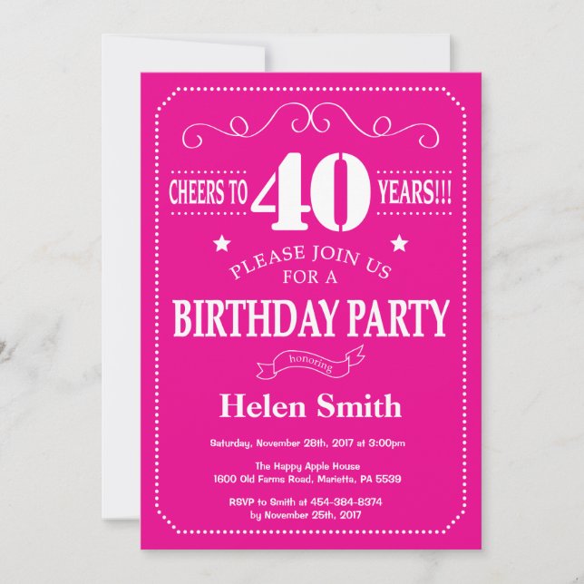 40th Birthday Invitation Hot Pink and White (Front)