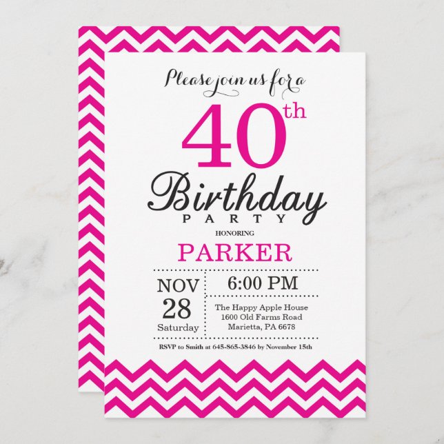 40th Birthday Invitation Hot Pink Chevron (Front/Back)