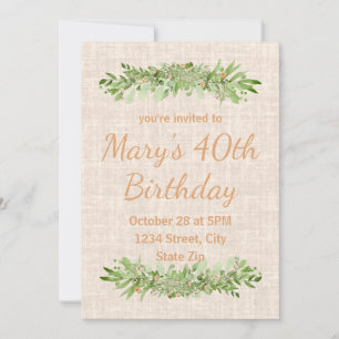 40th Birthday Invitation – Linen Greenery   Forty