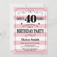 40th Birthday Invitation Pink and White Stripes