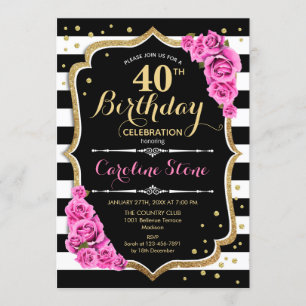 40th Birthday Invitation Pink Black White Stripes