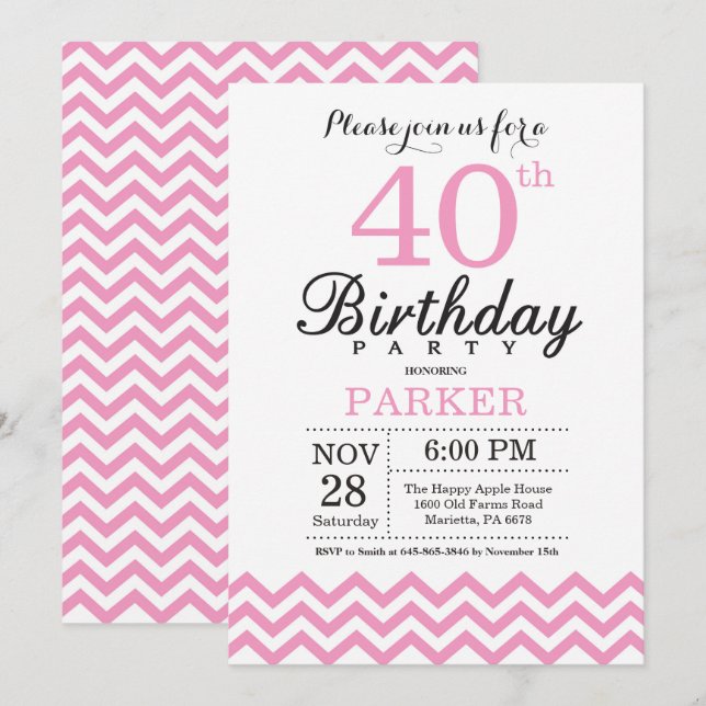 40th Birthday Invitation Pink Chevron (Front/Back)