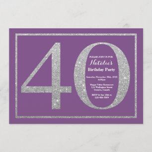 40th Birthday Invitation Purple and Silver Glitter